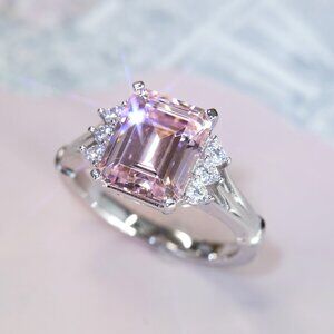 3.7 CT Emerald-Cut Simulated Pink Tourmaline Ring | Platinum-Plated Sterling Sil